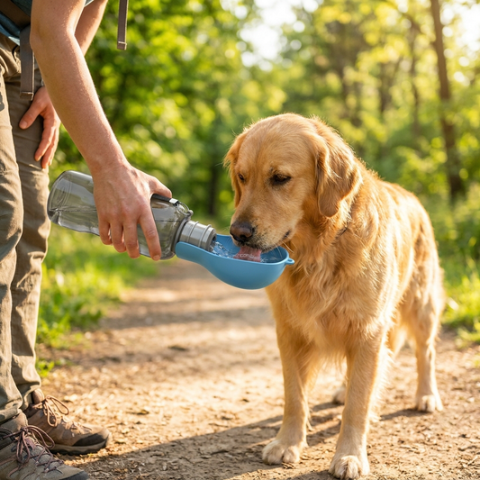 Giving a dog water from a travel water bottle on a walk - lifestyle