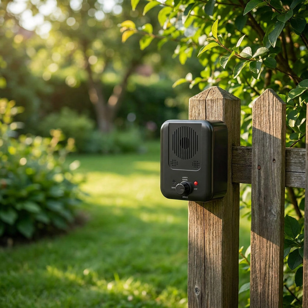 Ultrasonic anti-bark device mounted on a fence - lifestyle