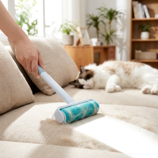 Person using a pet hair remover on a couch - lifestyle