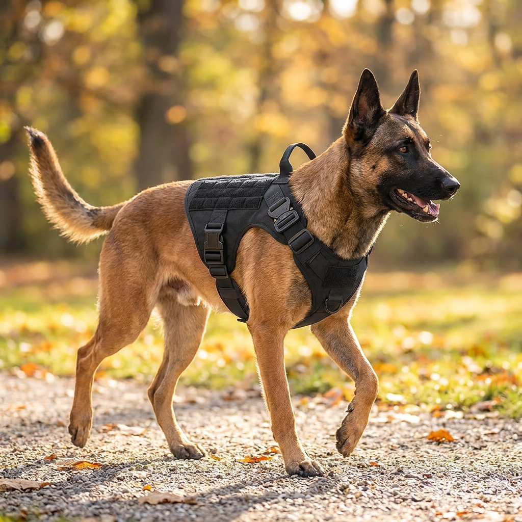 Dog wearing a tactical no-pull harness on a walk - lifestyle