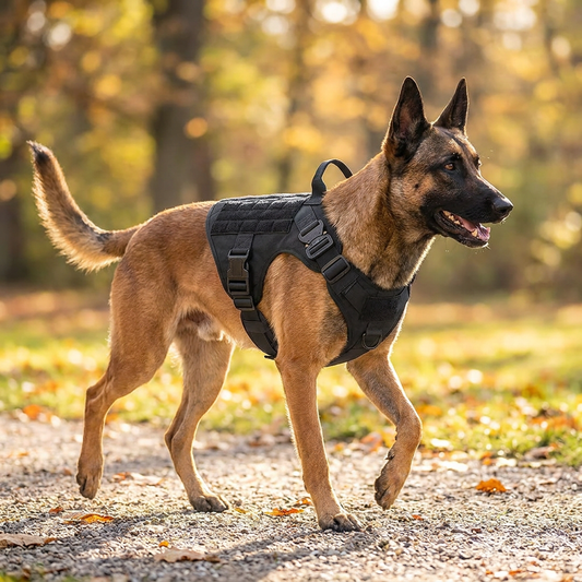 Dog wearing a tactical no-pull harness on a walk - lifestyle
