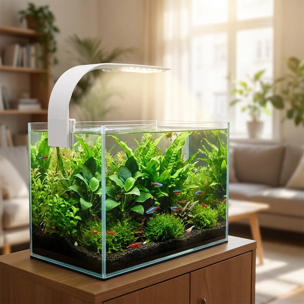 Slim LED aquarium light over a planted fish tank - lifestyle