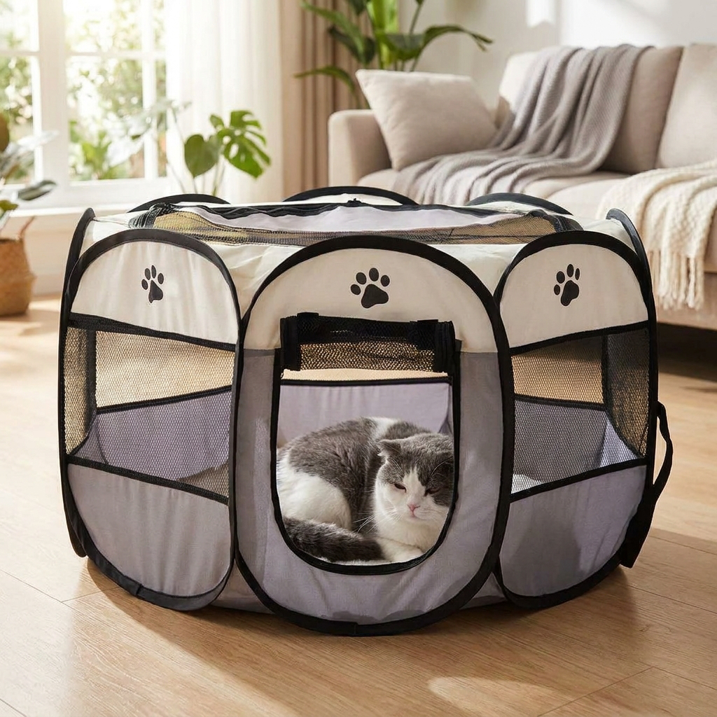Cat resting inside a cozy pet tent - lifestyle