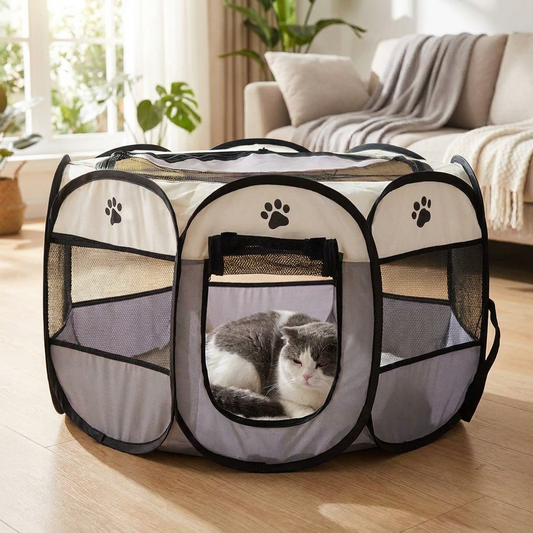 Cat resting inside a cozy pet tent - lifestyle