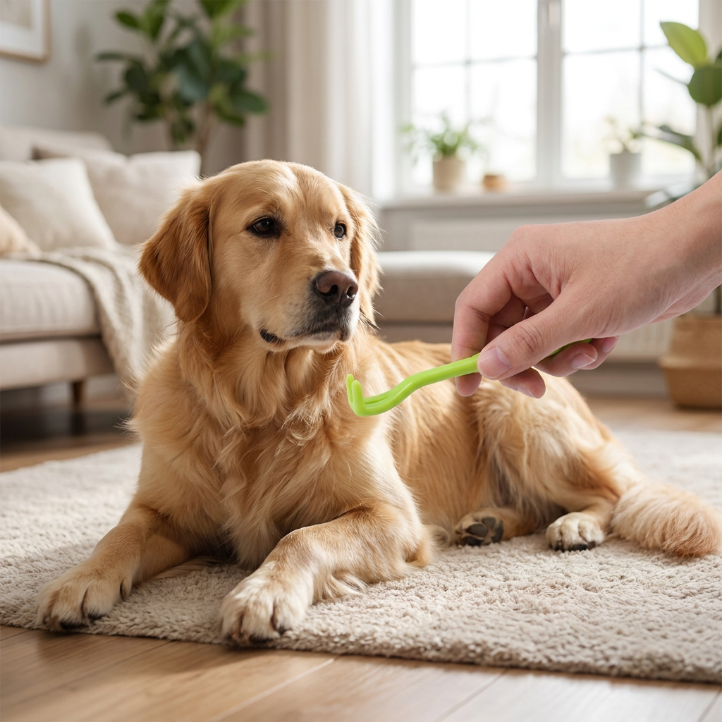 Person using a tick removal device on a dog - lifestyle