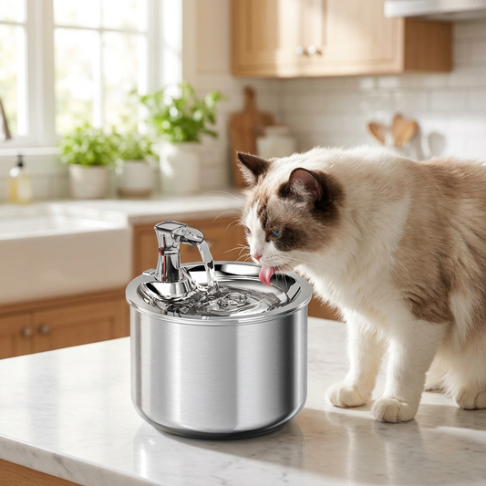 Cat drinking from a stainless steel water fountain - lifestyle