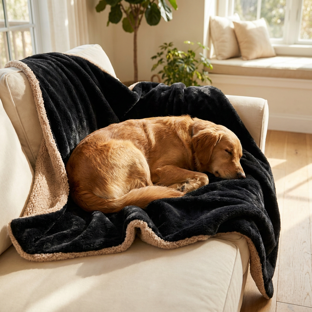 Dog sleeping on a soft comfortable dog blanket - lifestyle