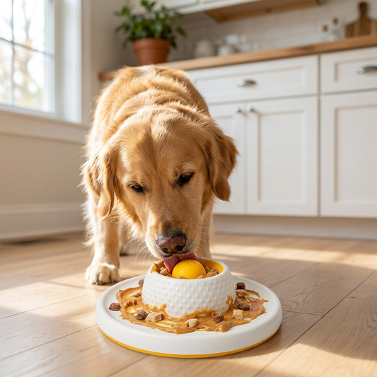 Dog licking a slow feeder lick mat - lifestyle