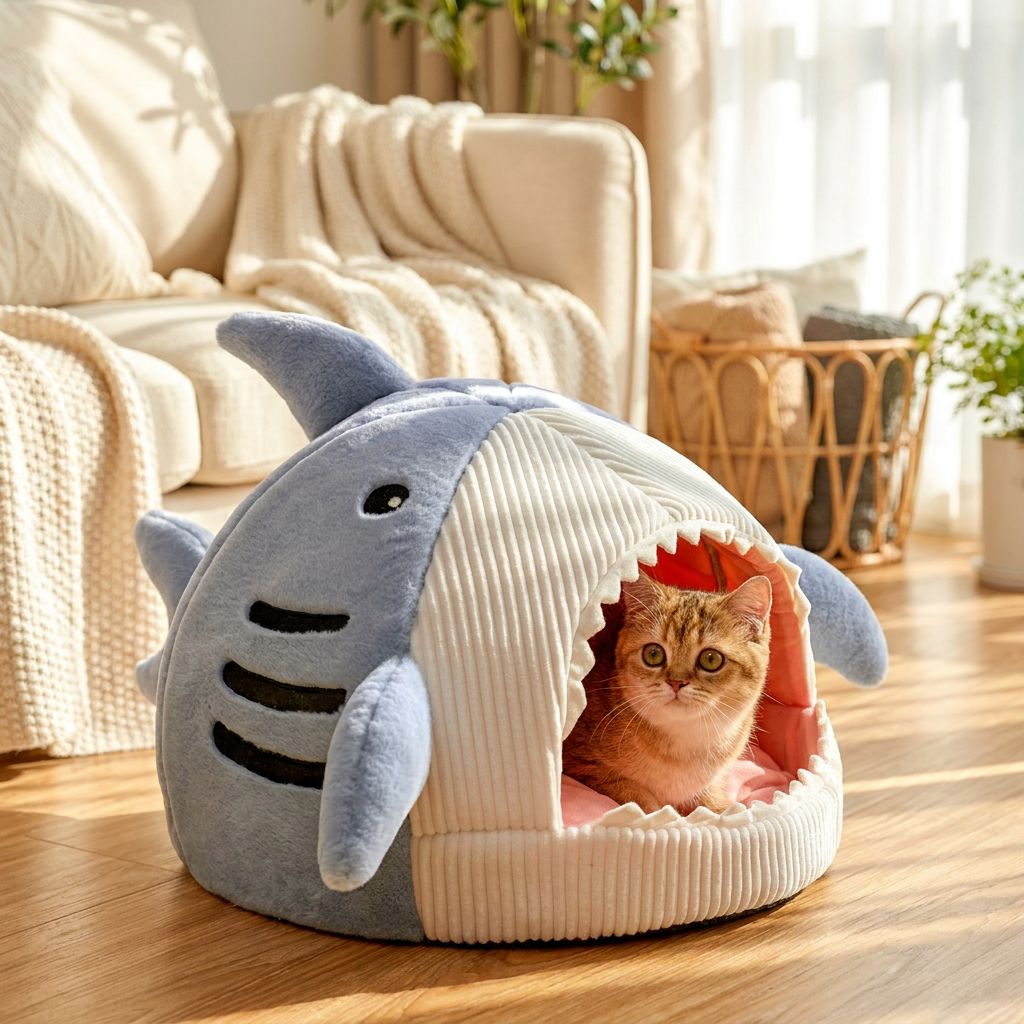 Cat peeking out of a shark-shaped pet cave bed - lifestyle