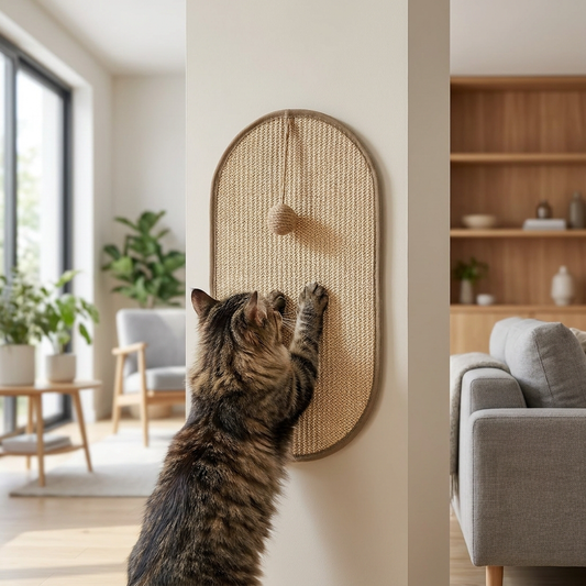 Cat using a wall mounted sisal scratch pad - lifestyle