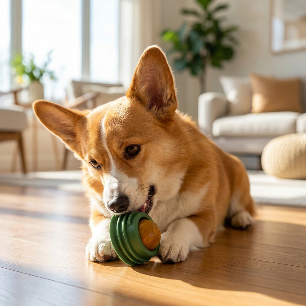 Dog chewing a silicone slow feeder chew toy - lifestyle