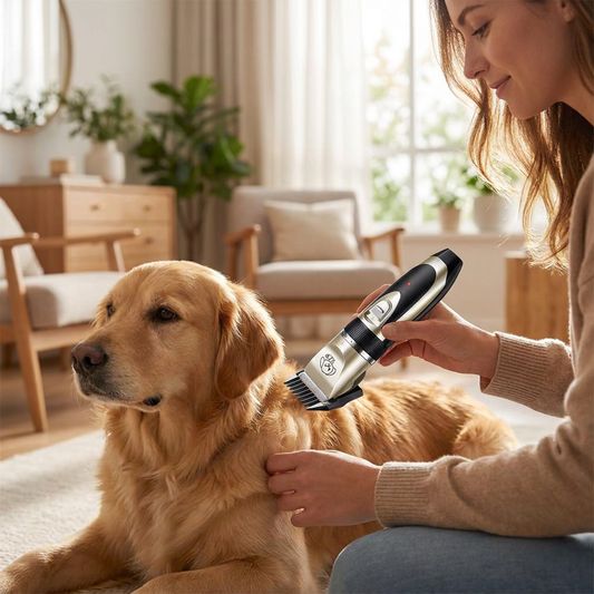 Person grooming a dog with a silent fur trimmer - lifestyle