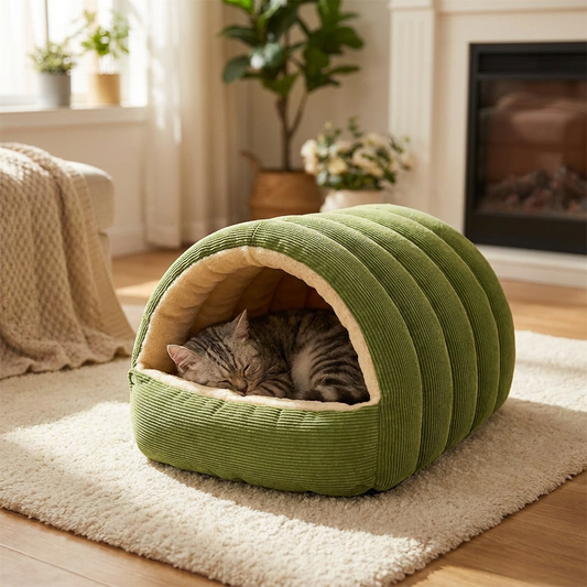 Cat sleeping inside a closed-off winter cat bed - lifestyle