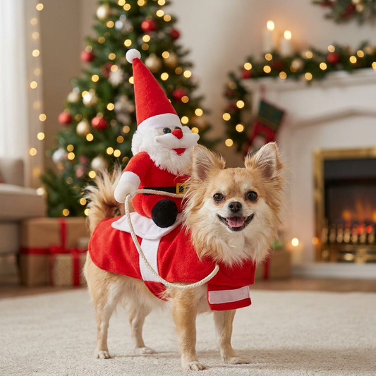 Dog wearing a Santa riding Christmas costume - lifestyle