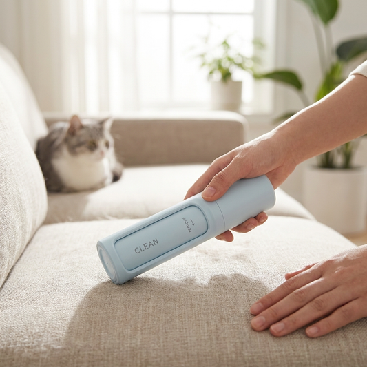 Person using a reusable lint roller on a couch - lifestyle