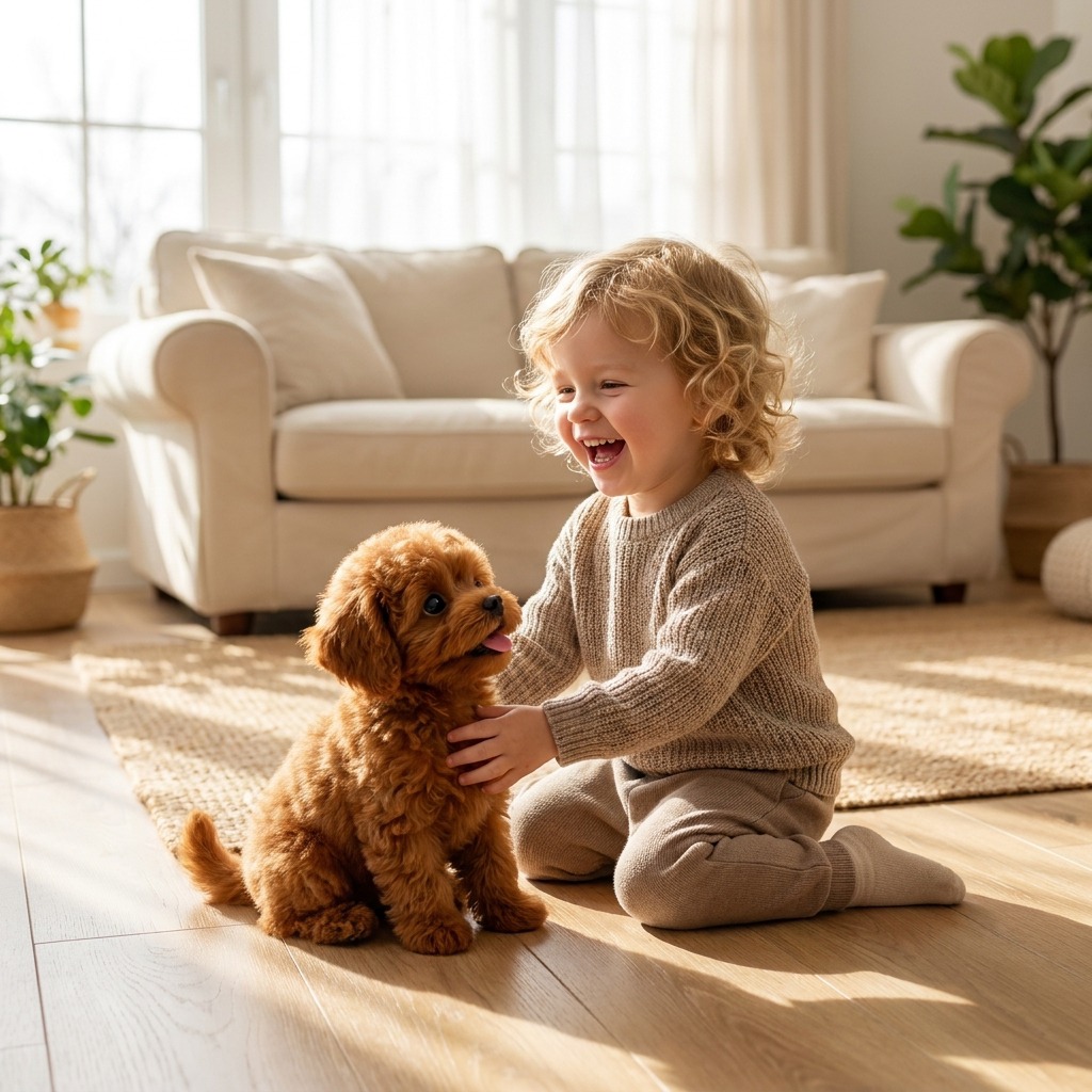 Child playing with a realistic robotic puppy - lifestyle