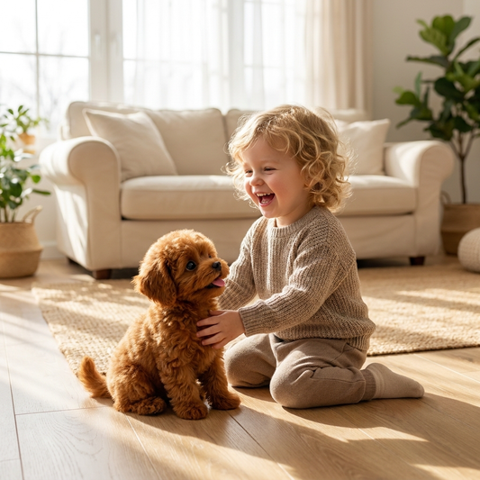 Child playing with a realistic robotic puppy - lifestyle