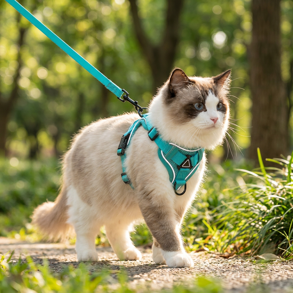 Cat wearing a reflective harness on a walk - lifestyle