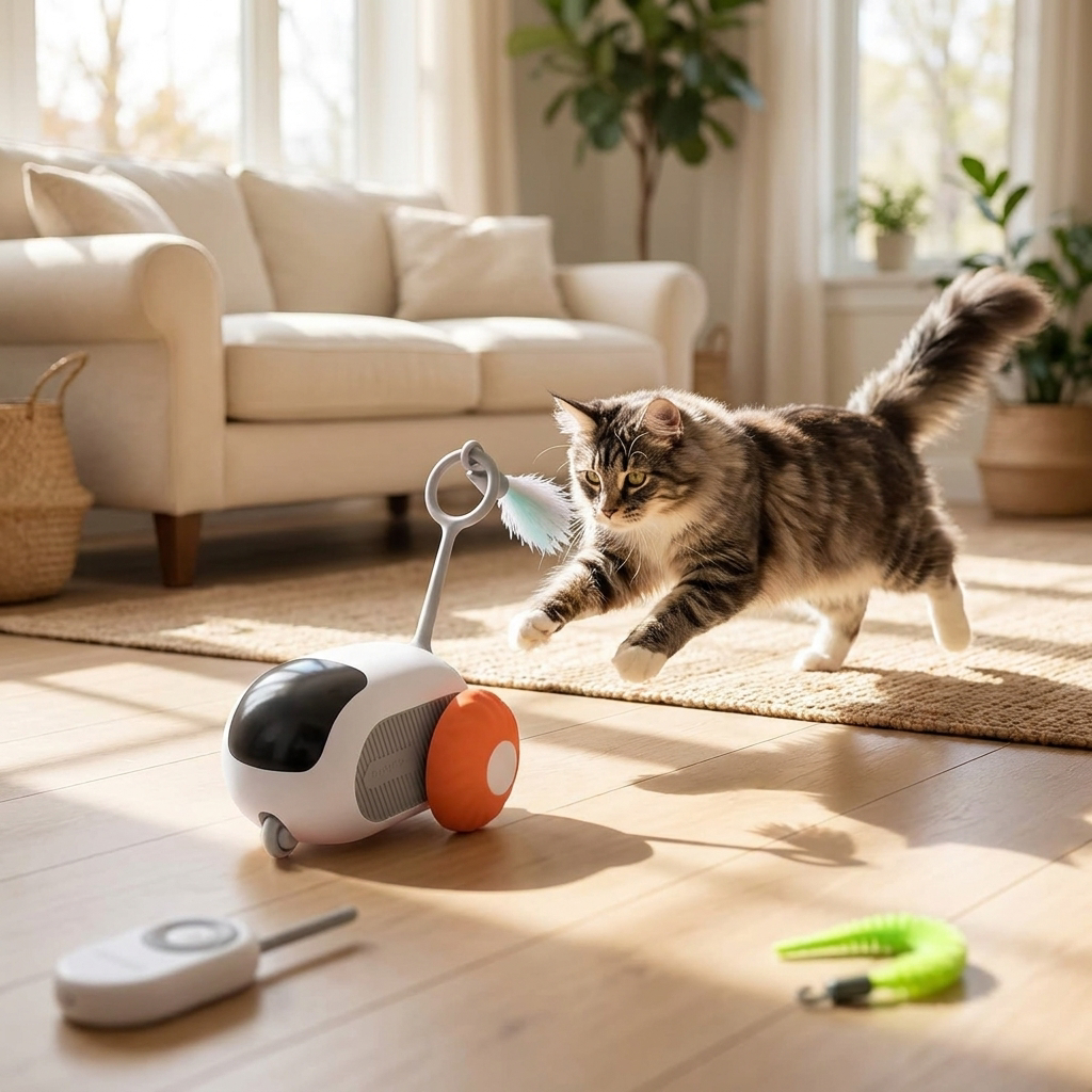 Cat chasing a remote control cat toy - lifestyle