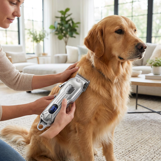 Person grooming a dog with a professional hair clipper - lifestyle