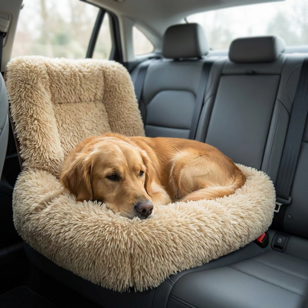 Dog resting on a protective dog bed in a car - lifestyle