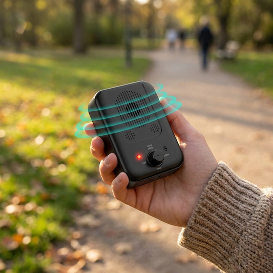 Portable ultrasonic barking deterrent held on a walk - lifestyle