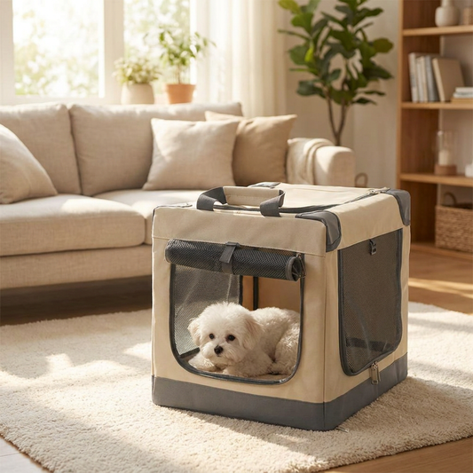 Small dog resting inside a portable folding dog crate - lifestyle