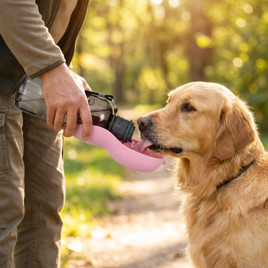 Giving a dog water from a portable dog water bottle - lifestyle