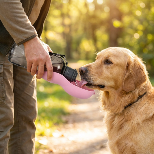 Giving a dog water from a portable dog water bottle - lifestyle