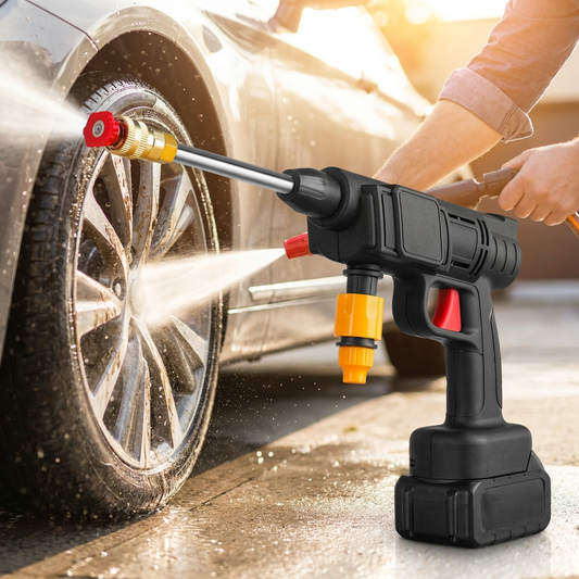 Person washing a car with a cordless high pressure water gun - lifestyle