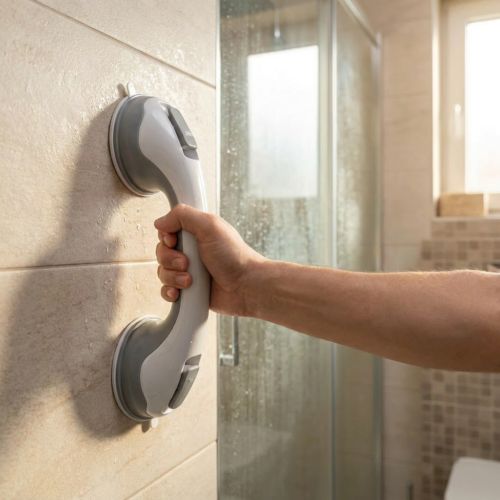 Suction grab bar mounted on a bathroom wall - lifestyle