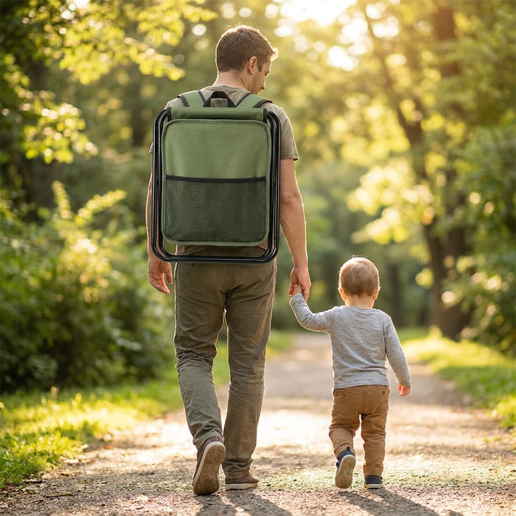 Parent carrying a 2-in-1 stroller seat backpack in a park - lifestyle