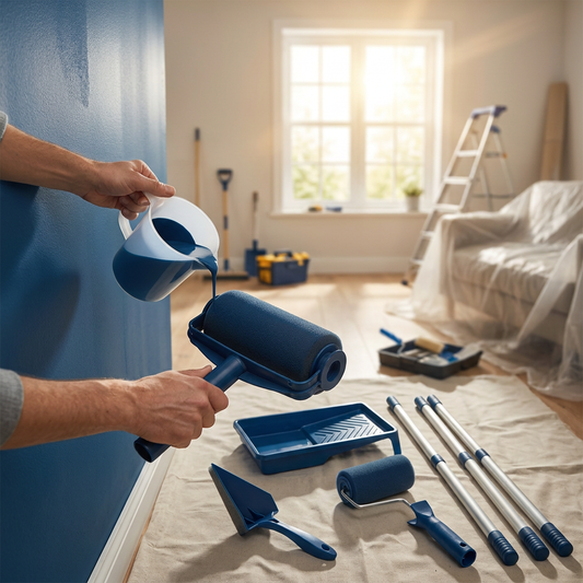 Person painting a wall with a paint roller kit - lifestyle