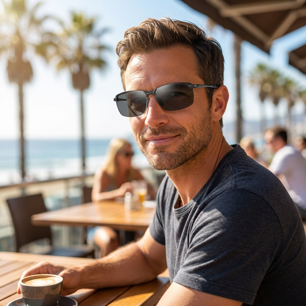 Man wearing photochromic UV sunglasses outdoors - lifestyle