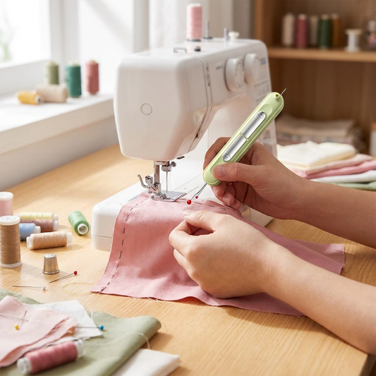 Person using a needle threader and seam ripper while sewing - lifestyle
