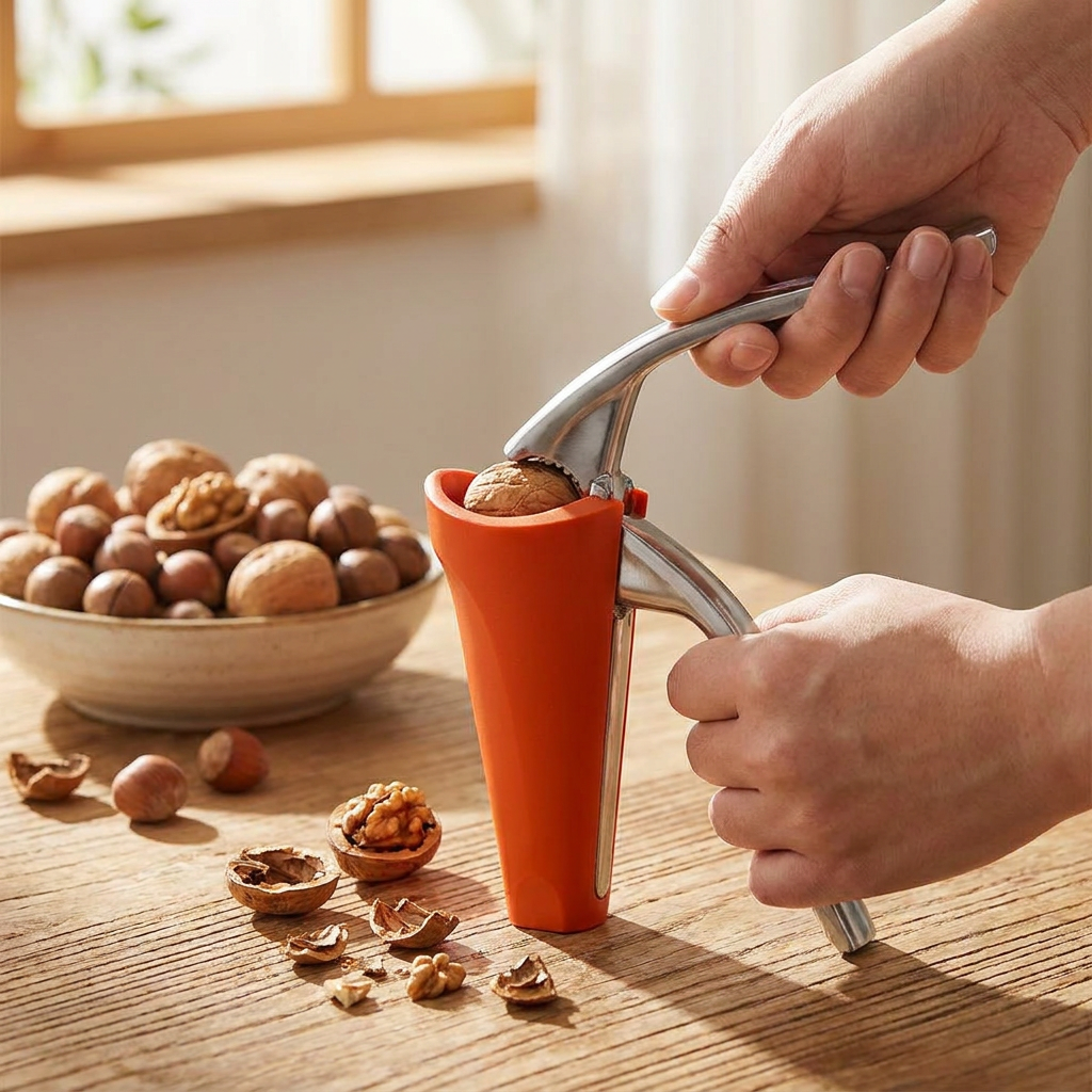 Person cracking a walnut with an ergonomic lever nutcracker - lifestyle