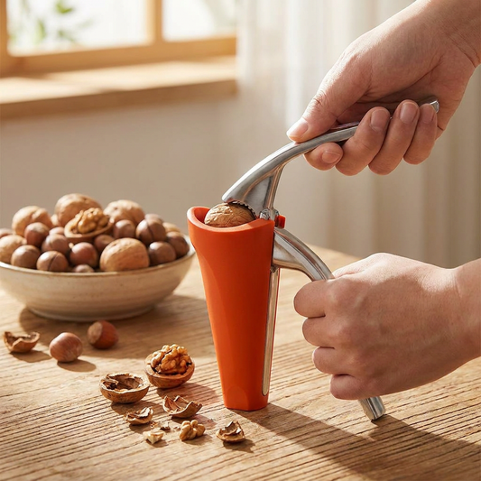 Person cracking a walnut with an ergonomic lever nutcracker - lifestyle