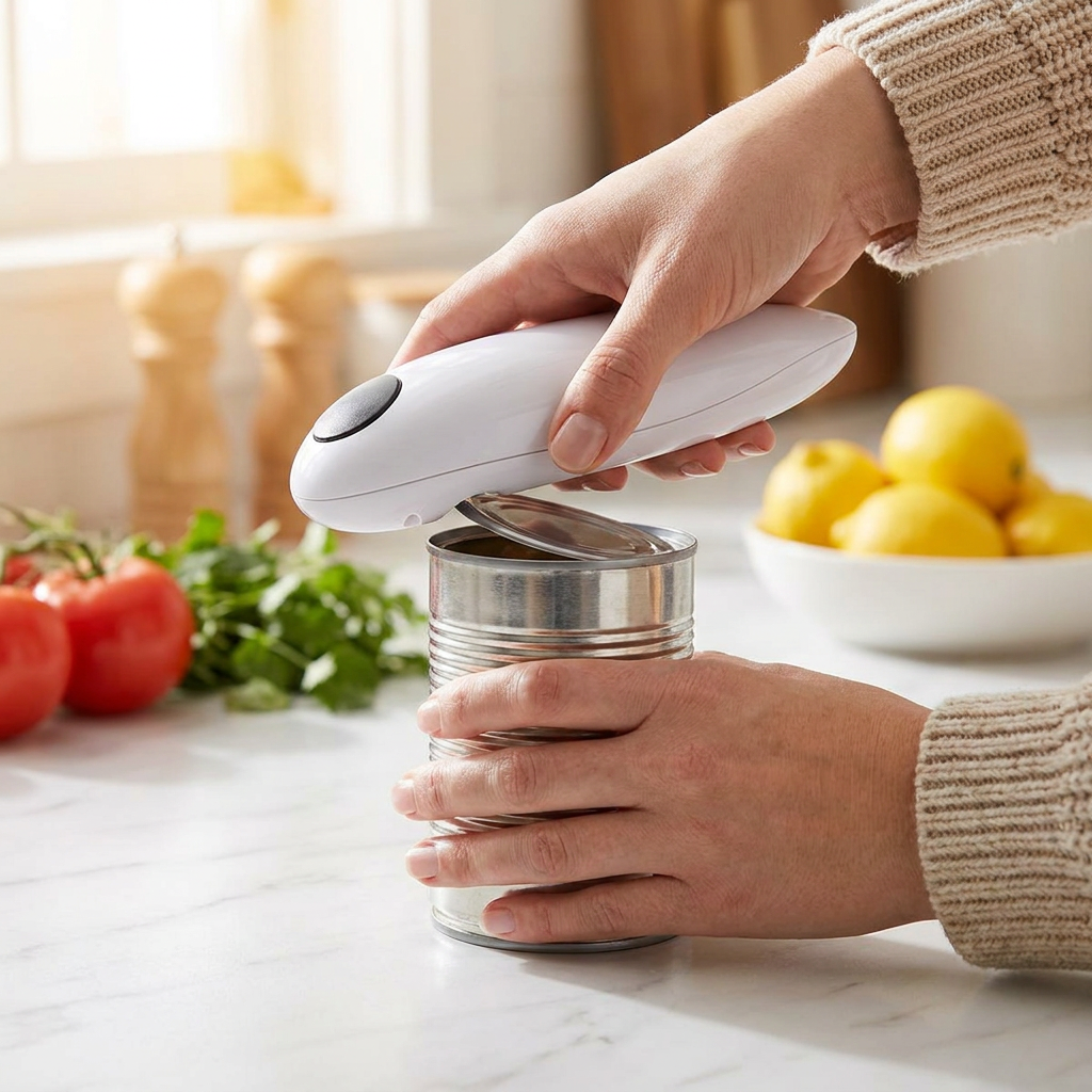 Person using an electric can opener on a kitchen counter - lifestyle