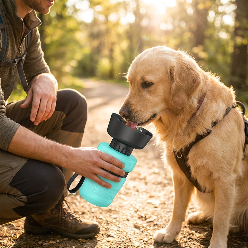 Giving a dog water from a foldable dog water bottle - lifestyle