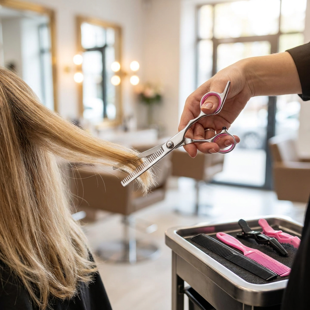 Person using cutting and thinning scissors in a salon - lifestyle