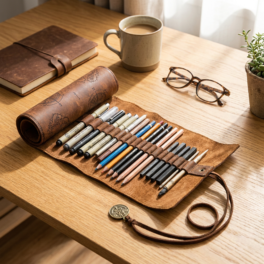 Vintage leather pencil case with pens on a desk - lifestyle