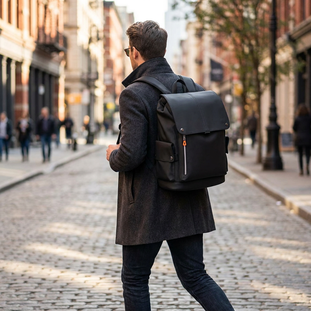 Person wearing an everyday backpack on a city street - lifestyle