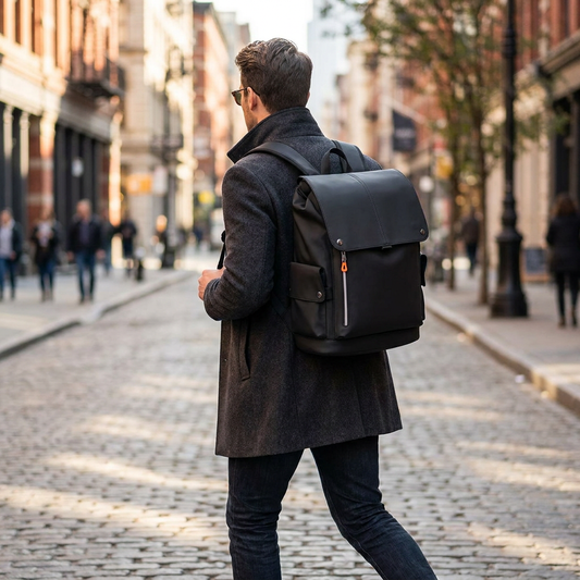 Person wearing an everyday backpack on a city street - lifestyle