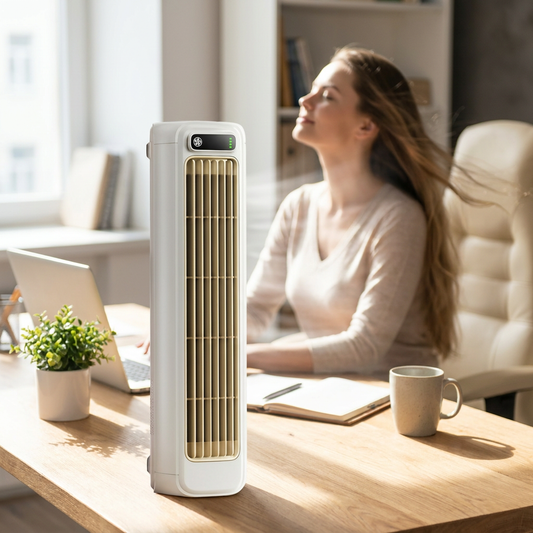 Portable tabletop fan running on a desk - lifestyle