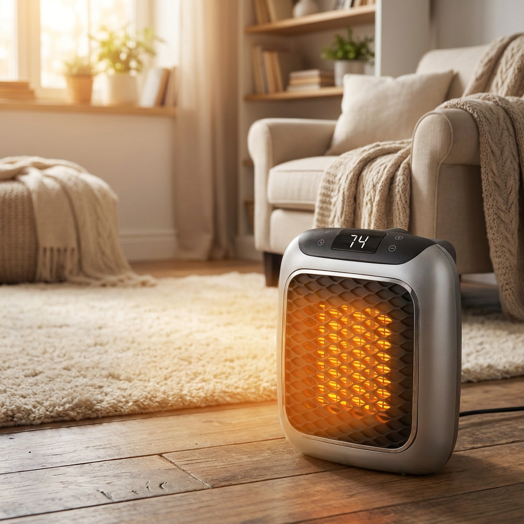 Compact electric heater in a cozy living room - lifestyle