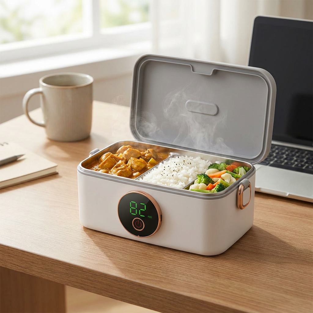 Wireless heated lunch box with warm food on a desk - lifestyle