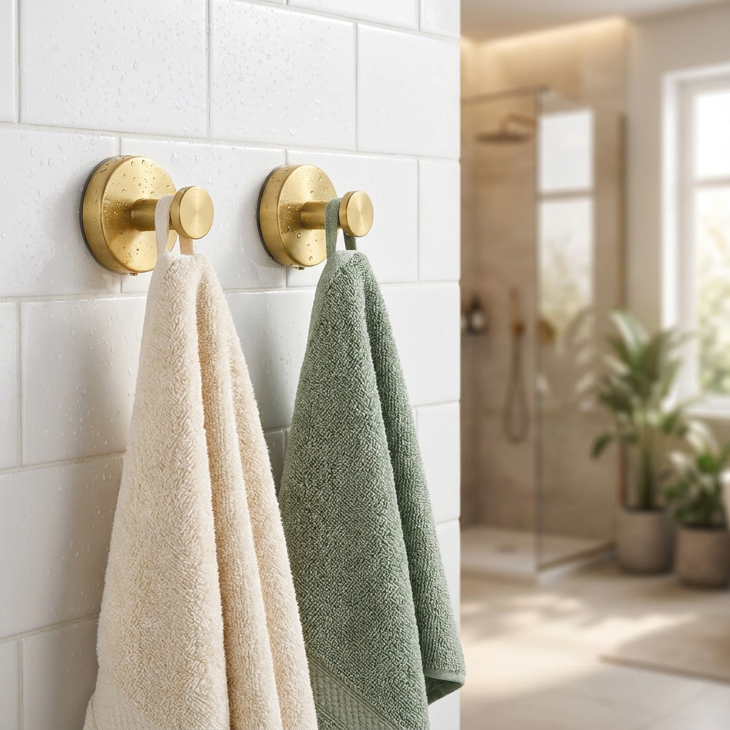 Suction cup hooks holding towels on a bathroom wall - lifestyle