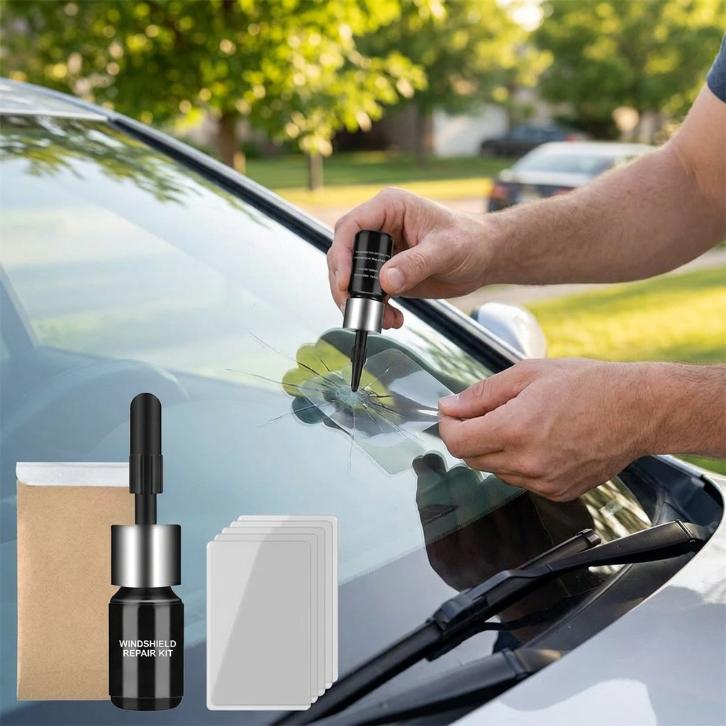 Person using a windshield repair kit on a car windshield - lifestyle