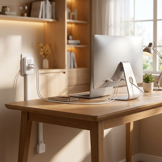 Multi-port outlet extender powering devices in a home office - lifestyle
