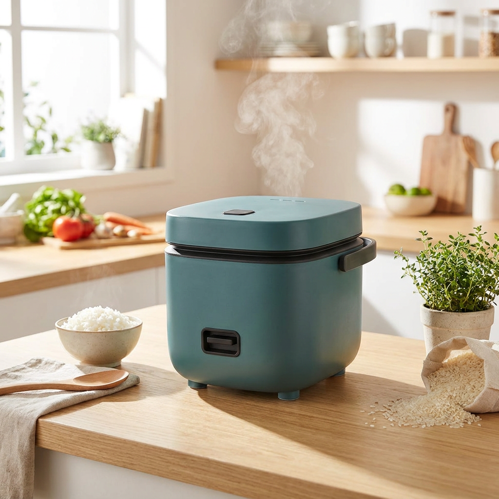 Mini rice cooker cooking rice on a kitchen counter - lifestyle